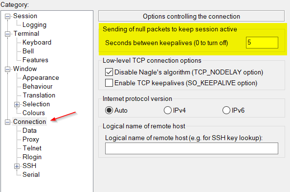 Putty - Set SSH Keep Alive Time