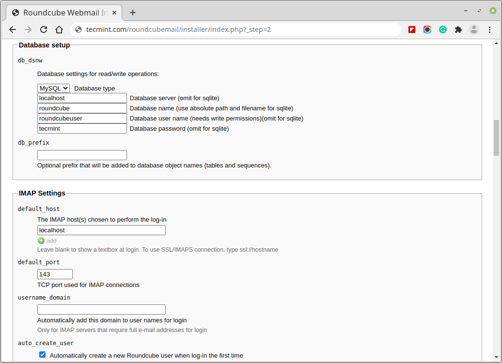 Roundcube Webmail Database Settings