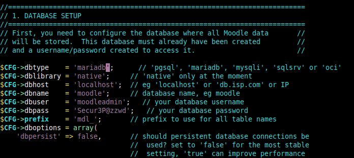  Configurar las configuraciones de la base de datos de Moodle 