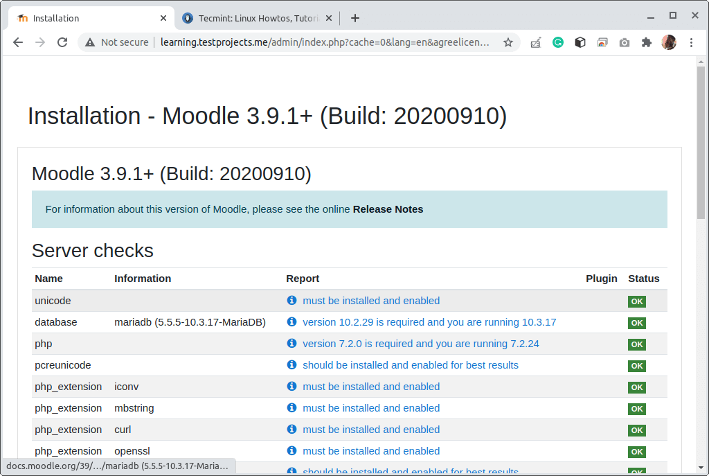  Verificación de los requisitos del servidor Moodle 