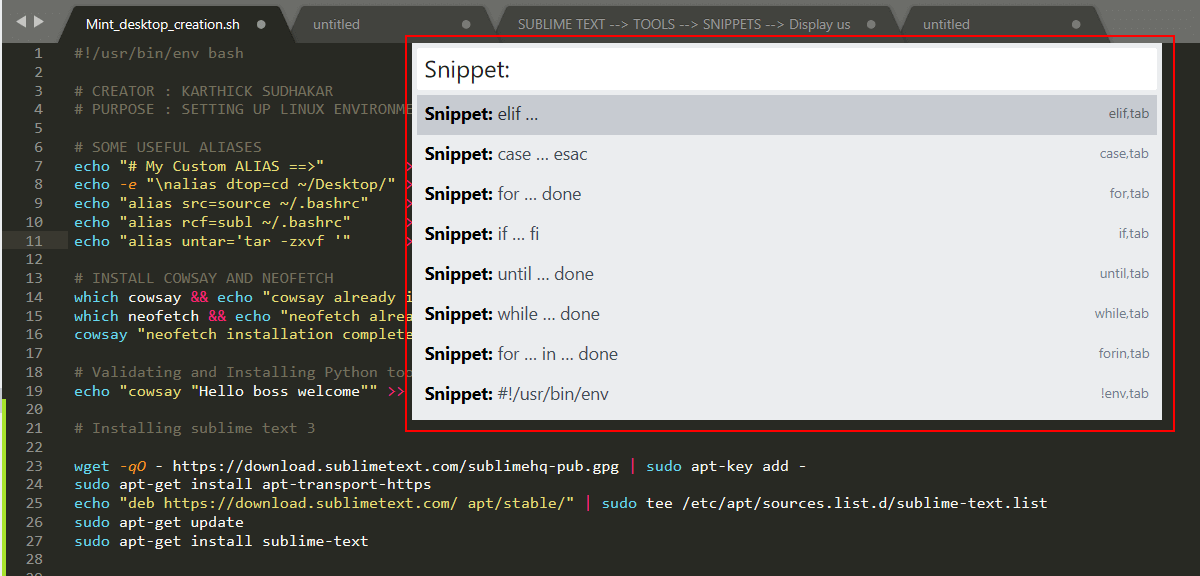 List Default Snippets