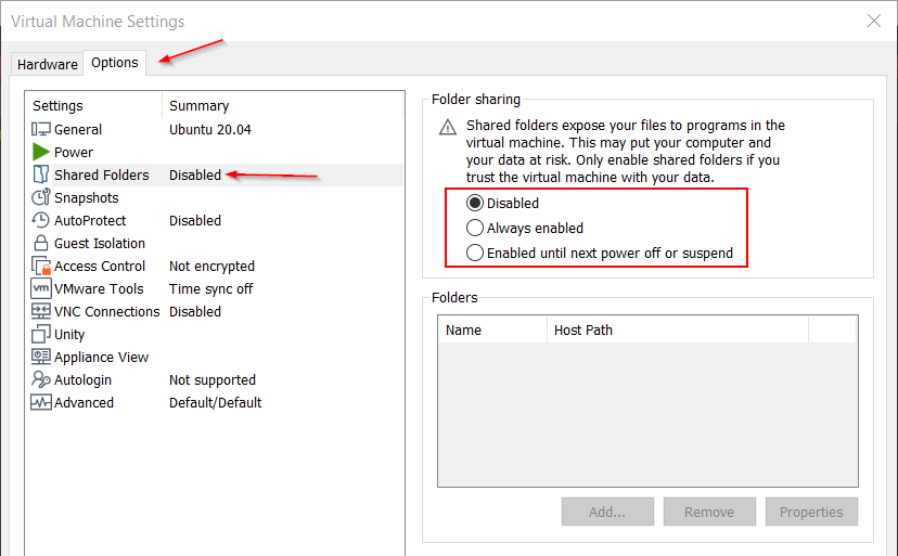 VMWare Folder Sharing Options