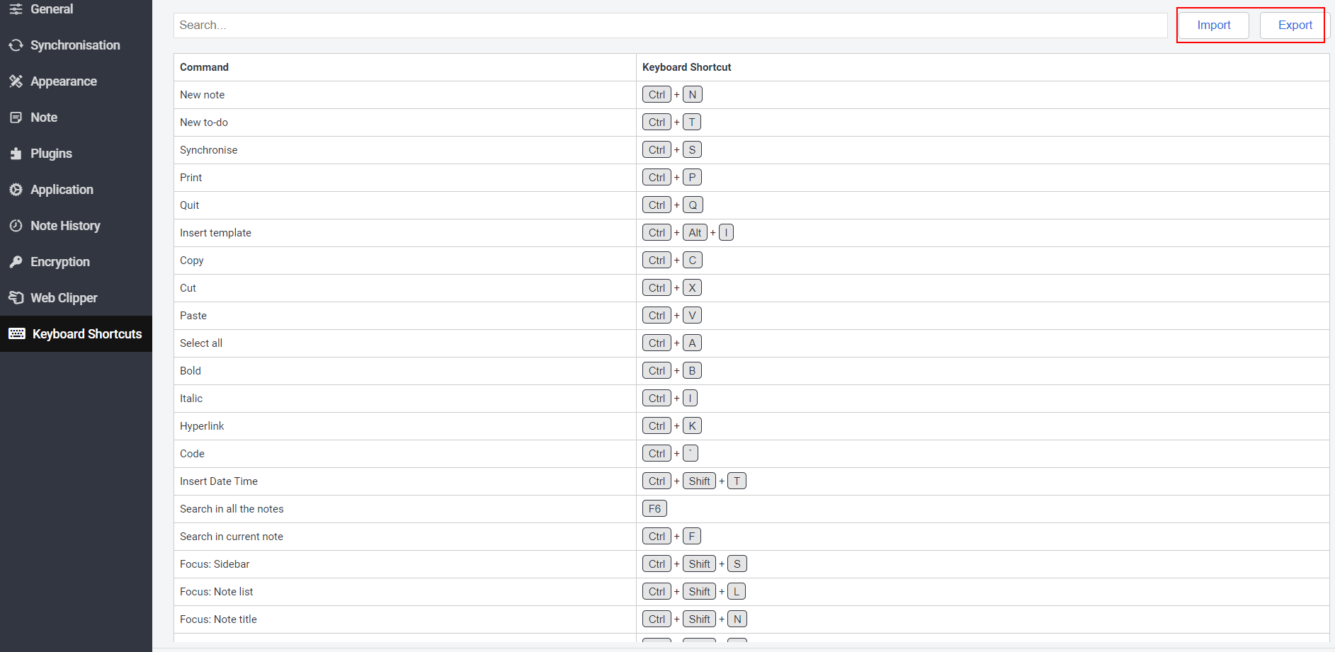 Joplin Keyboard Shortcuts