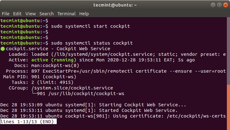 Check Cockpit Web Status in Ubuntu