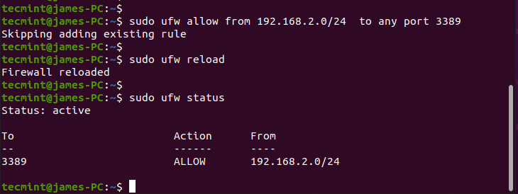 Open the Xrdp port in Ubuntu Firewall