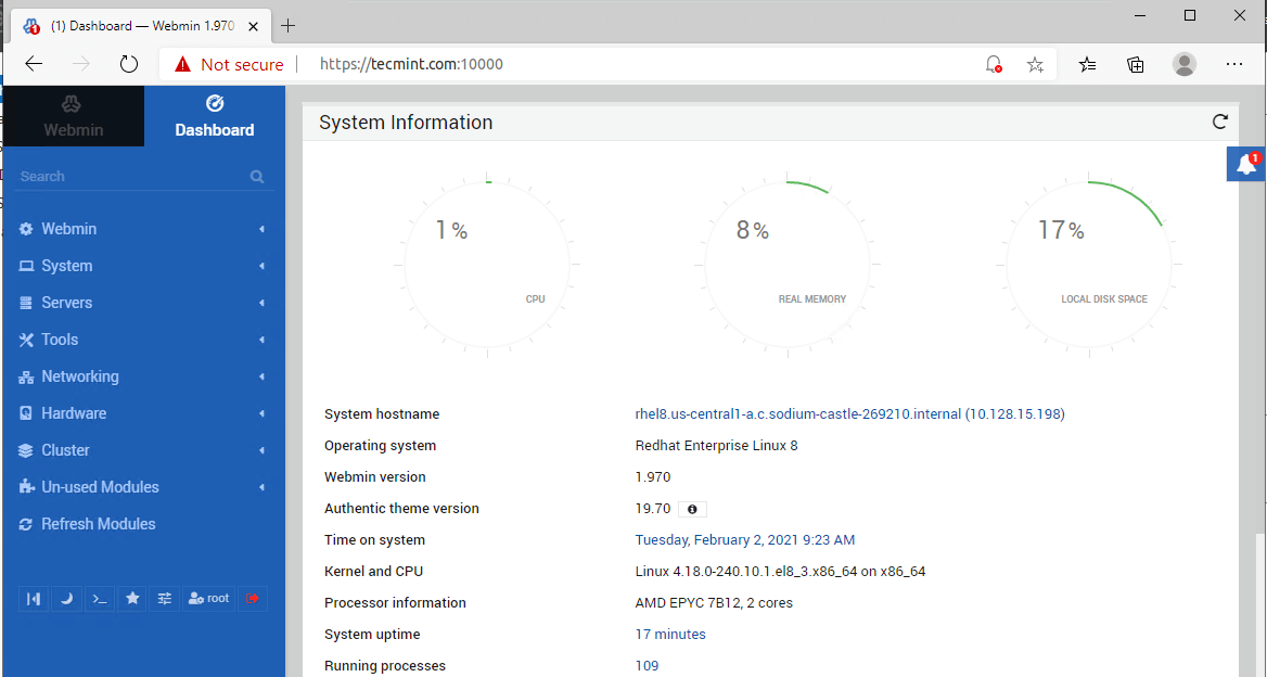 Webmin Dashboard in RHEL 8