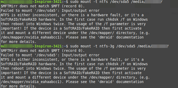 NTFS - '/ dev / sdax' installation failure: Input / output error