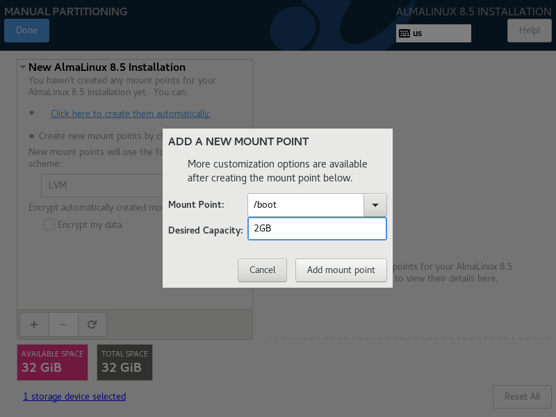 AlmaLinux Create Boot Partition