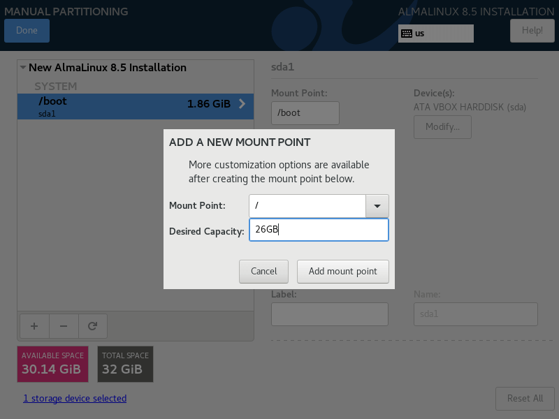 AlmaLinux Create Root Partition