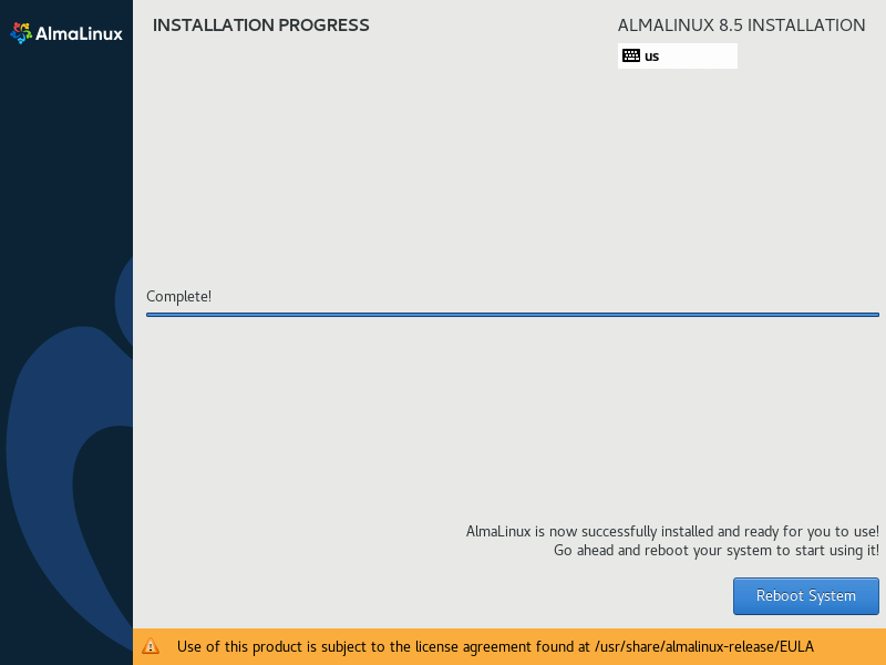 AlmaLinux Installation Completes