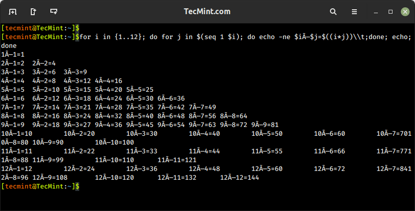 Prints Multiplication Table in Linux