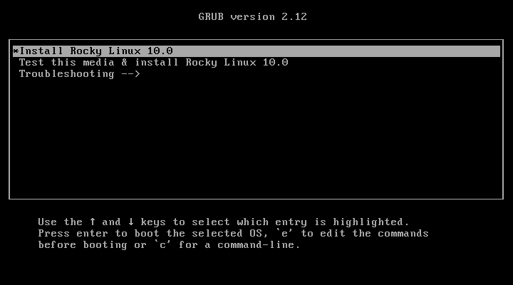 Rocky Linux 10 GRUB Boot Menu