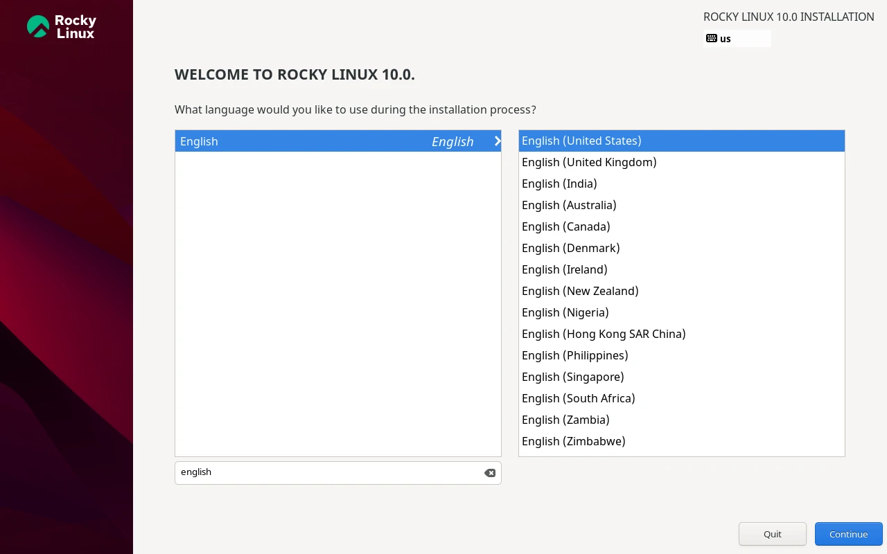 Rocky Linux Language Selection