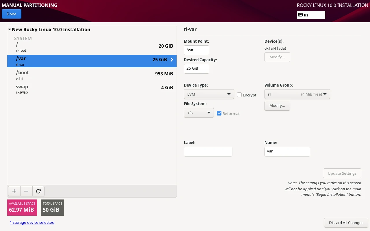 Rocky Linux Partition Table