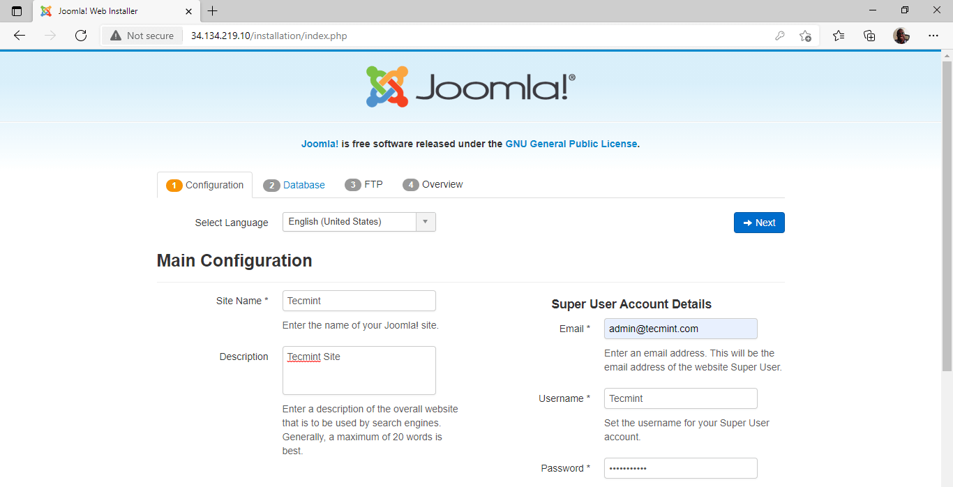 Configuración principal de Joomla