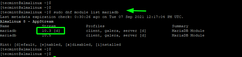 List MariaDB in AlmaLinux