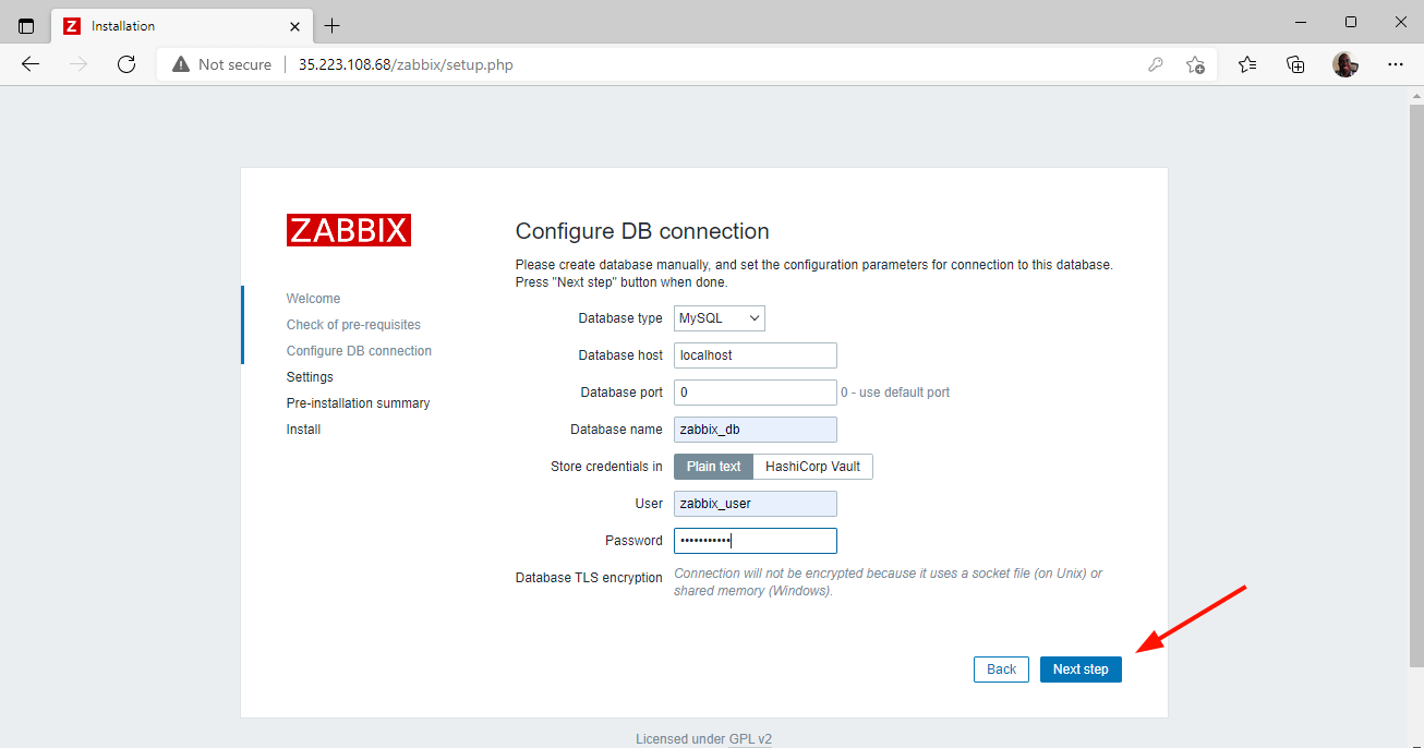 Zabbix Database Settings