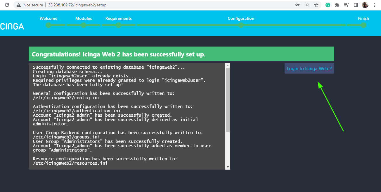 Icinga2Web Installation Finishes