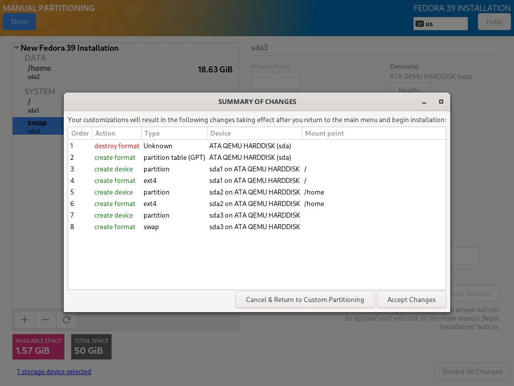 Fedora Partition Changes