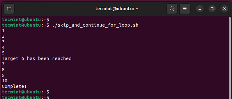 Bash For Loop Continue Statement Output