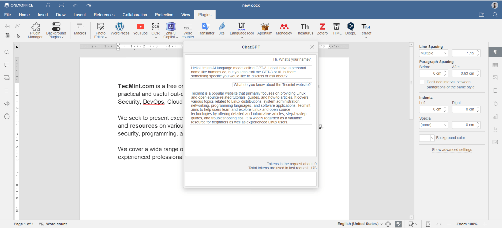Conversation with ChatGPT in ONLYOFFICE Docs
