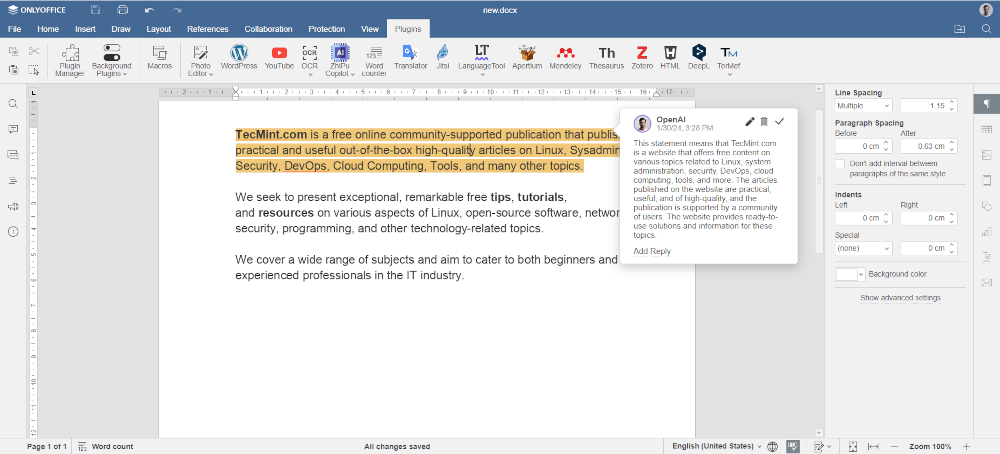 Definition Given by ChatGPT in ONLYOFFICE Docs
