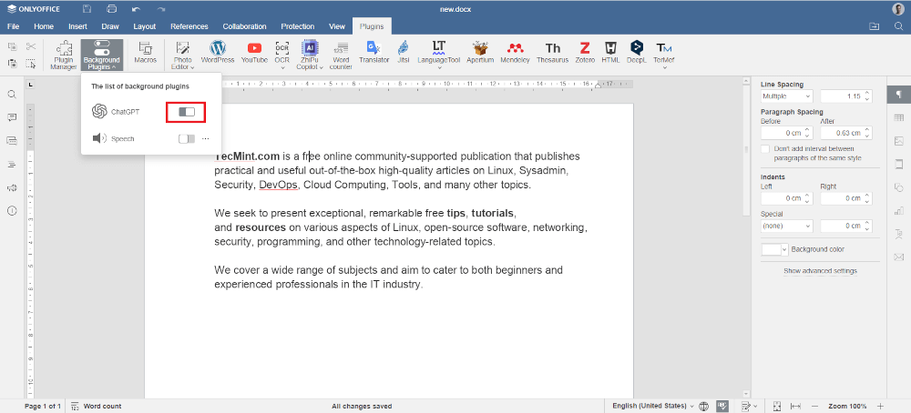 Enable ChatGPT Plugin in ONLYOFFICE Docs