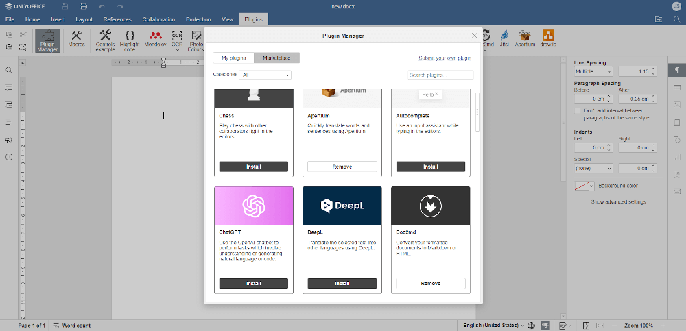 Install ChatGPT Plugin in ONLYOFFICE Docs