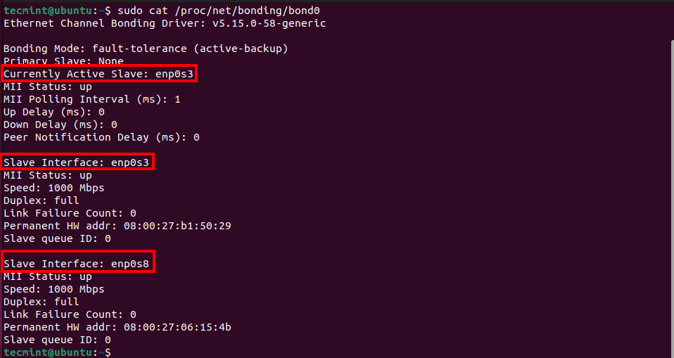 Check Network Bond Info in Ubuntu