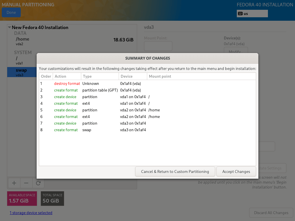 Fedora Partition Changes