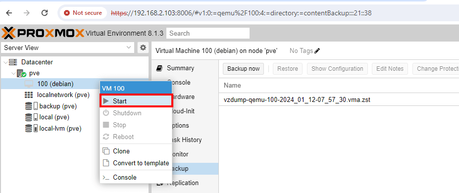 Start VM in Proxmox