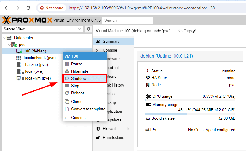 Shutdown VM in Proxmox