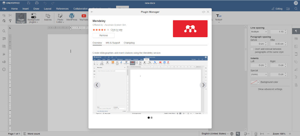 Mendeley Plugin in the ONLYOFFICE Plugins Manager