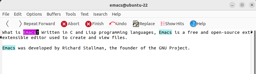 Search Text Highlighted in Emacs