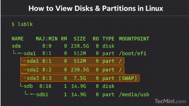 view disk partitions linux