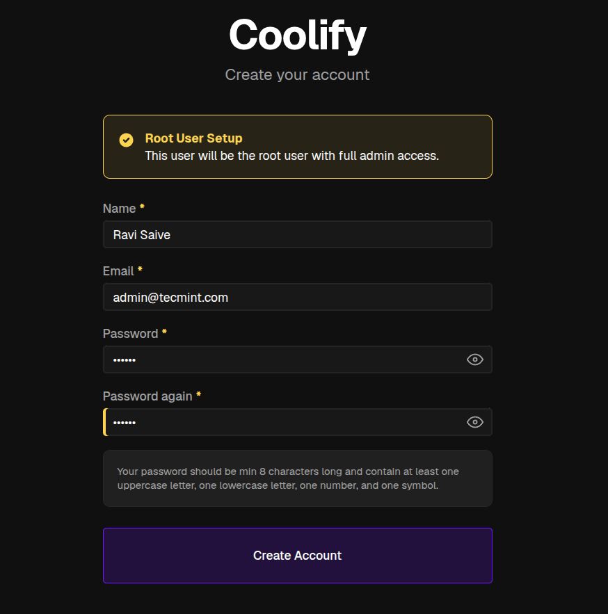 Coolify first-run registration page
